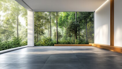 Modern interior space with large windows showcasing a lush green forest landscape, natural light streaming in, creating a serene and tranquil atmosphere for relaxation.