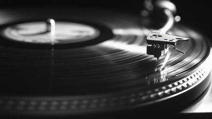 Vinyl record playing on turntable, close-up, dark background, music concept
