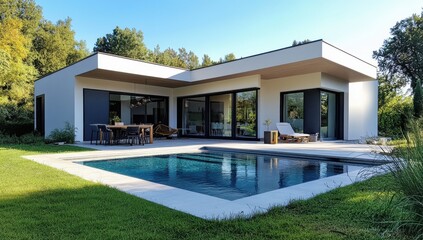 Fototapeta premium Modern minimalist house with large windows and pool in a serene garden setting, showcasing luxurious outdoor living and architectural elegance in natural surroundings.