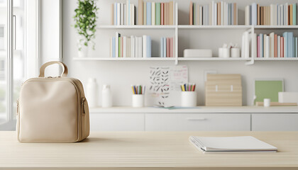 Blank wooden table top on blurred schoolchild room interior background