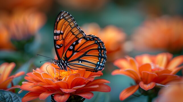 Closeup view of butterfly on orange flower in blur background - Powered by Adobe
