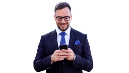 Young businessman in a suit using smartphone	