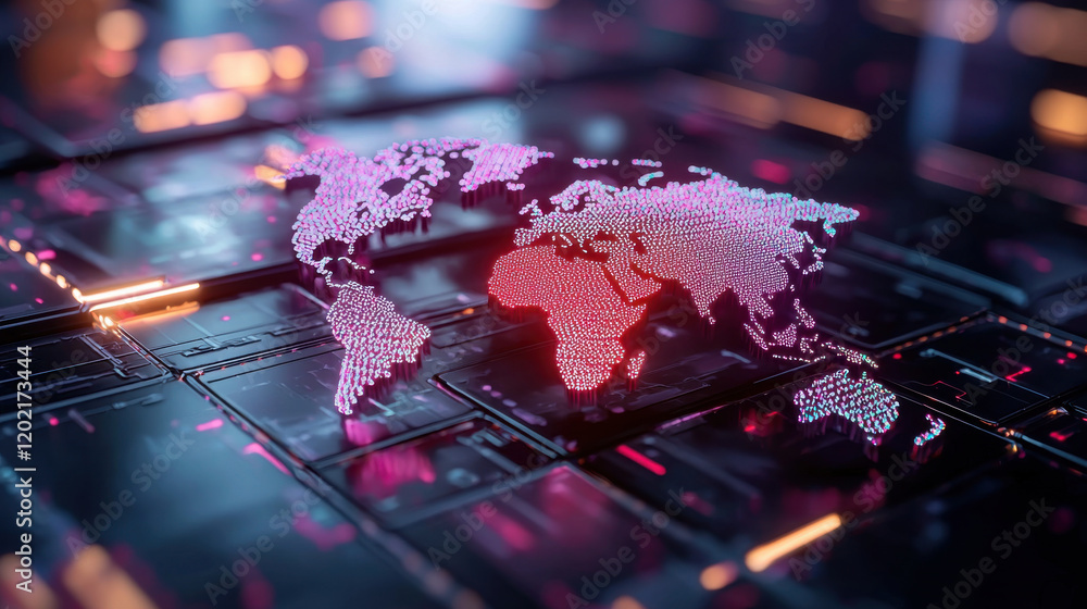 Poster digital world map with glowing pink and purple dots on dark background, representing global connecti