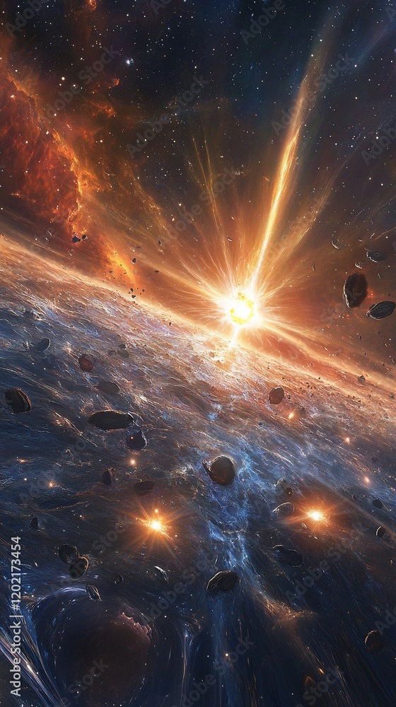 Poster cosmic collision with asteroid impact and planetary explosion in deep space scene