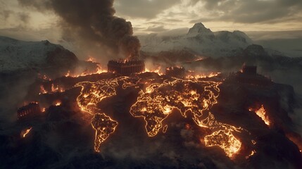 World in Flames: A fiery apocalyptic landscape showcasing a burning world map engulfed in flames with ancient ruins, snow-capped mountains in the background.