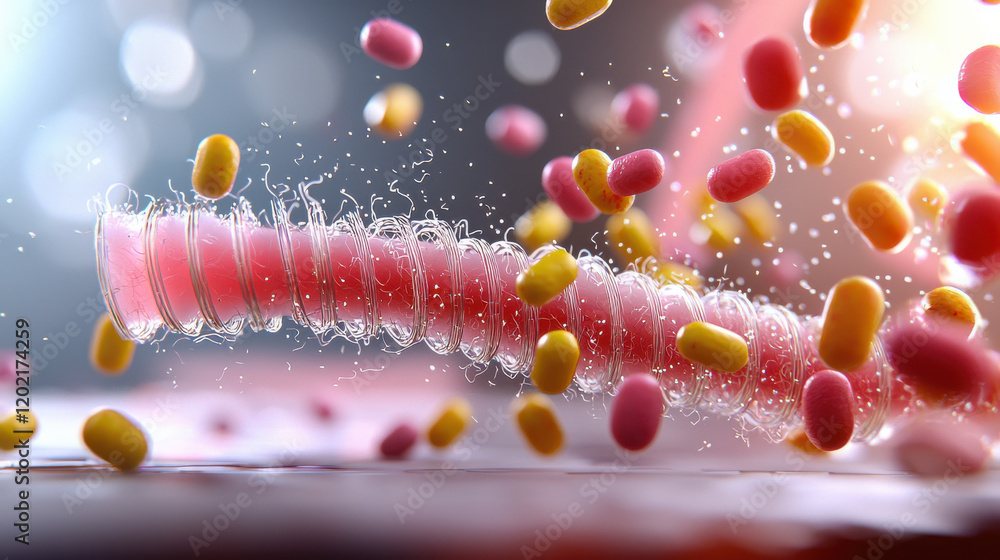 Leinwandbilder detailed representation of nanofibers interacting with colorful particles, showcasing advanced material science and technology. image evokes sense of innovation and discovery