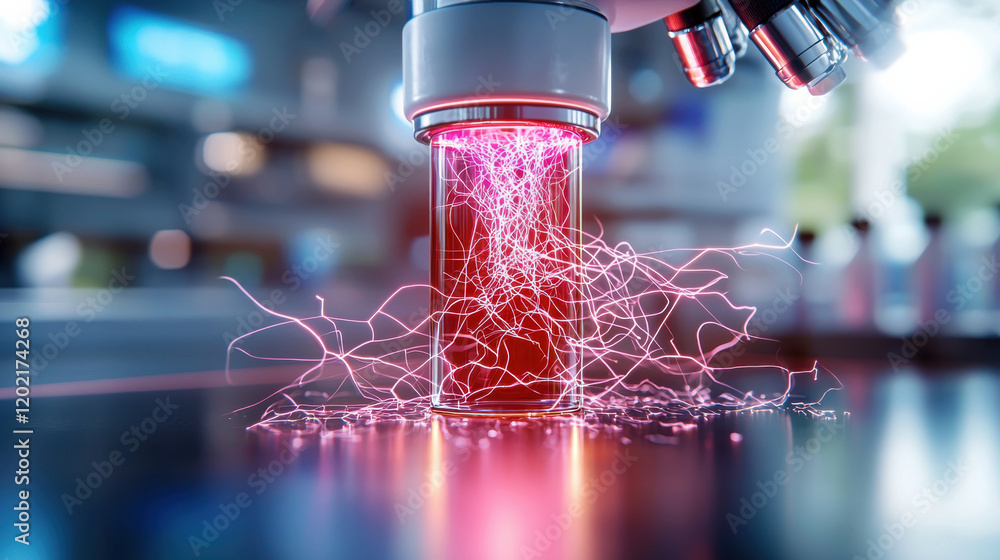 Aufkleber detailed representation of nanofibers being developed under microscope, showcasing vibrant colors an