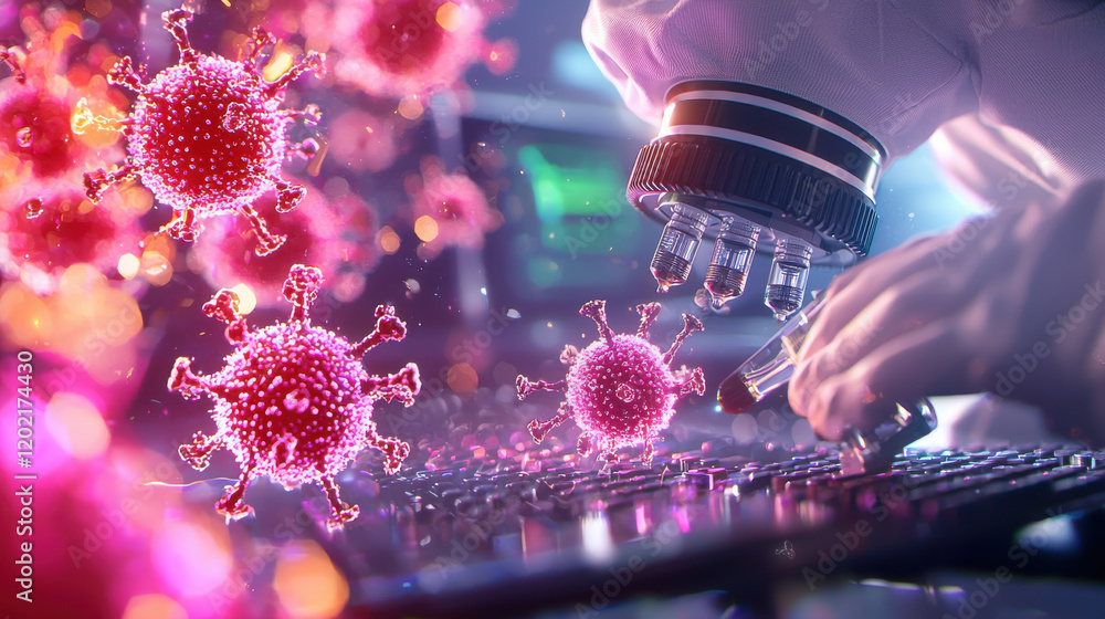 Aufkleber microscope examining viruses in laboratory setting, showcasing scientific research and innovation. v