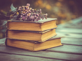 Stack of Vintage Books with Dried Flowers