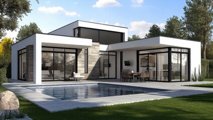 Fototapeta premium Modern minimalistic house design with large glass windows and outdoor swimming pool surrounded by green landscape in bright daylight