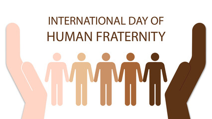 Fototapeta premium International Day of Human Fraternity vector art. Silhouetted human figures with diverse skin tones standing in a row on an outstretched hand.