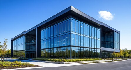 Obraz premium Modern Office Building with Large Glass Facades and Green Surroundings in Bright Blue Sky, Showcasing Contemporary Architecture and Design Aesthetic