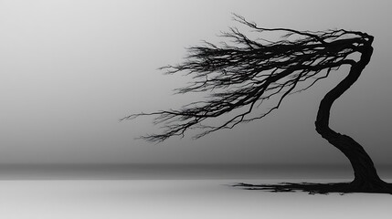 A windswept tree with dramatic leaning branches and sparse foliage, isolated on a solid white background
