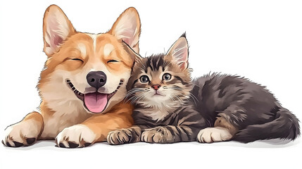 Fototapeta premium Joyful dog and cat relaxing together at home, cut out transparent