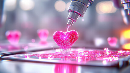 detailed scene of 3D bioprinting showcasing pink heart being created with advanced technology. vibrant colors and intricate design evoke sense of innovation and hope