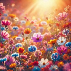 A colorful wildflower meadow in full bloom, with soft sunlight streaming through, casting a warm glow on the vibrant petals