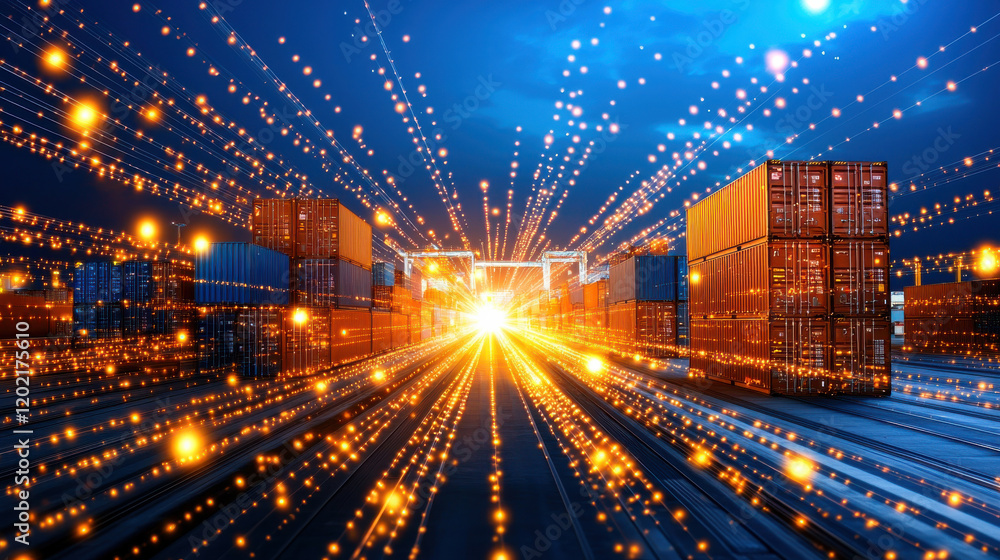 Poster vibrant visualization of shipping containers illuminated by dynamic light trails, symbolizing trade and logistics. scene captures essence of global commerce and movement