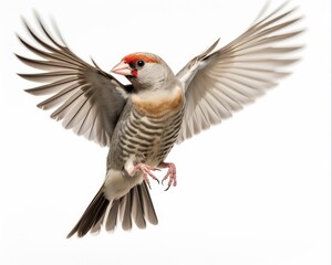 Fototapeta premium Finch in Flight: Stunning Zebra Finch Bird with Cut-Out Feather Flying Alone on Beige and Brown Background
