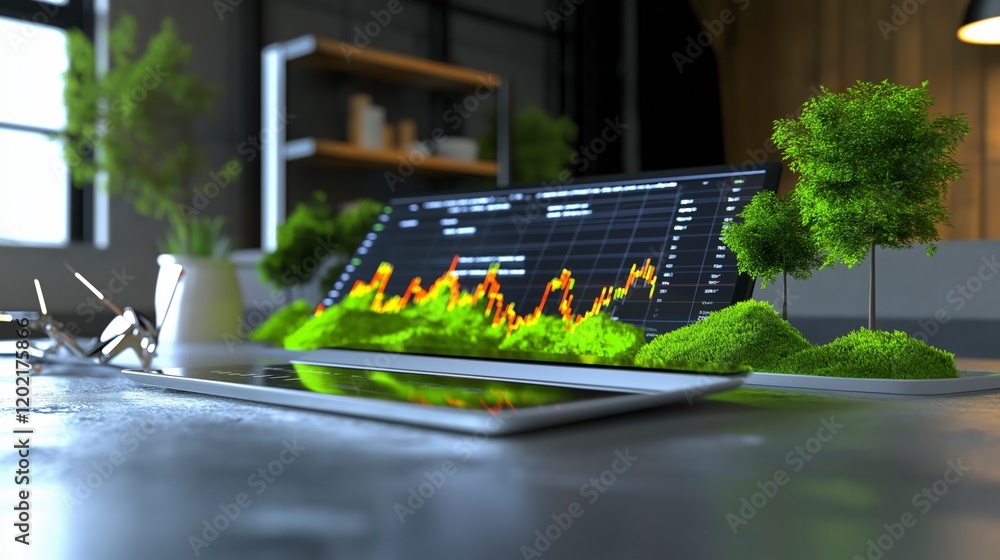 Poster futuristic technology display with data graphs surrounded by greenery in modern office setting