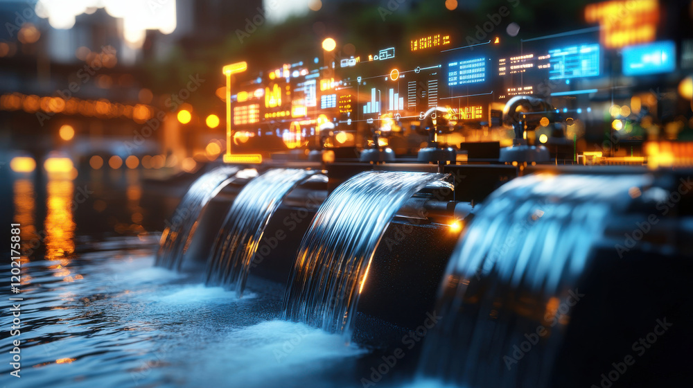 Poster futuristic 3d night scene of hydroelectric station with flowing water and digital interfaces. vibran