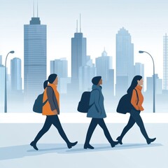 Urban scene with three pedestrians walking in a city landscape.