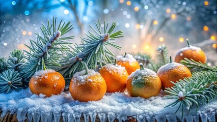 Beautiful delicate winter scene with tangerines in soft snow surrounded by pine branches sparkling icicles and a festive backdrop of warm twinkling lights