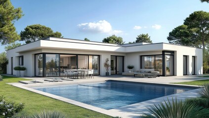 Fototapeta premium Modern single-story house with large windows, swimming pool, and lush green surroundings, ideal for showcasing contemporary architecture and outdoor living spaces.