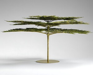 A tall cedar tree with dense, needle-like leaves and a balanced form, displayed on a pure white canvas