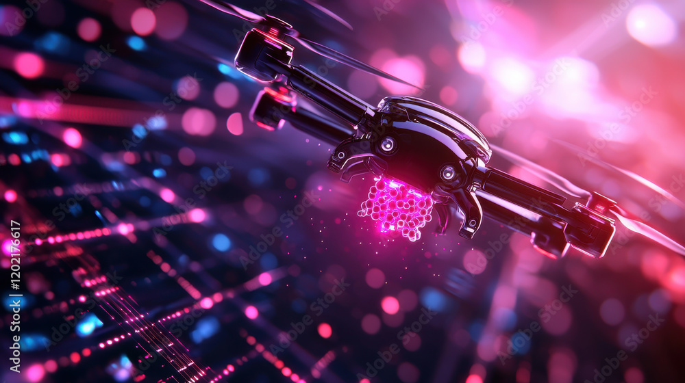 Poster futuristic depiction of nano drone delivering genetic material vibrant, high tech environment. scene