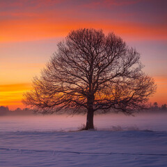 Arbre Solitaire en Hiver sous un Ciel Color&eacute; au Coucher du Soleil
