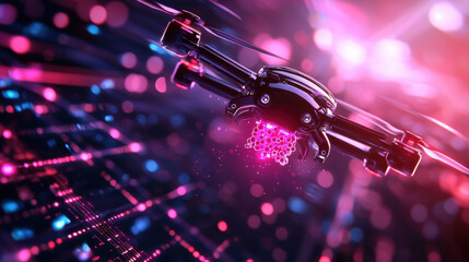 futuristic depiction of nano drone delivering genetic material vibrant, high tech environment. scene is filled with glowing particles and dynamic background, evoking sense of innovation and