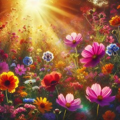 Fototapeta premium A colorful wildflower meadow in full bloom, with soft sunlight streaming through, casting a warm glow on the vibrant petals