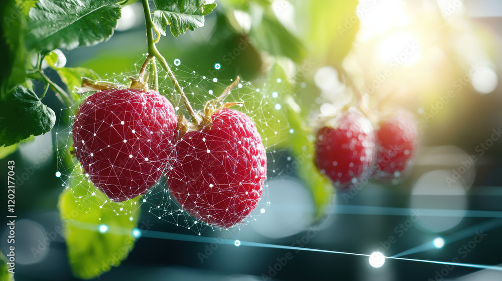 Poster futuristic digital fruit tracking system showcasing ripe strawberries. image highlights connection b