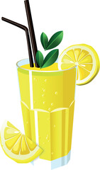 Glass of lemonade with lemon wedges, two leaves and straws for drinking. Bubbles rise from the bottom of the glass. Flat vector illustration. EPS 10