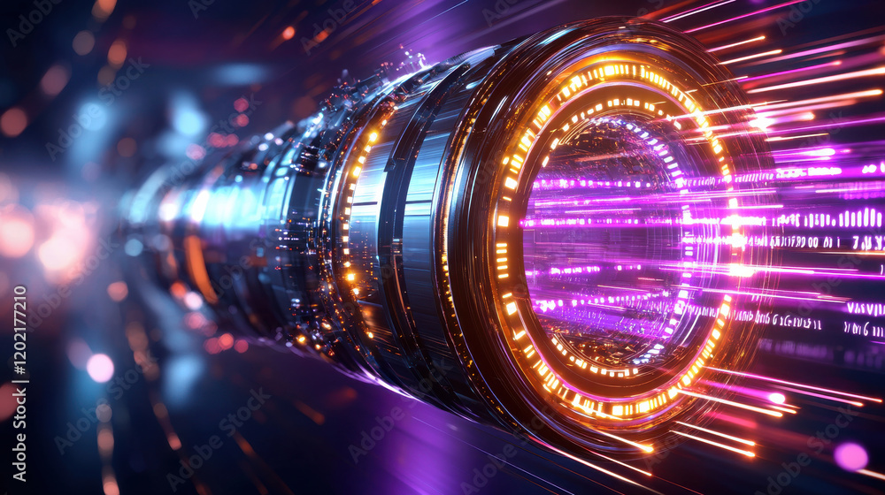 Poster Futuristic rendering of solid state technology with vibrant lights and dynamic motion. This showcases advanced components and sleek design, evoking sense of innovation and speed
