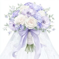 Fototapeta premium Beautiful floral bouquet with lavender and white roses and delicate ribbons.