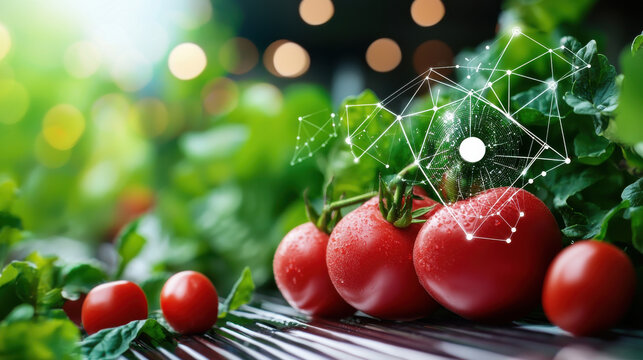 Fresh tomatoes with digital tracking elements in vibrant garden