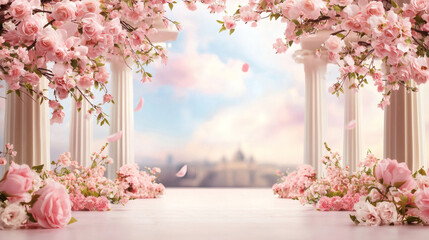 romantic scene featuring pink flowers, columns, and dreamy background. soft petals and lush blooms create serene atmosphere, perfect for weddings or special occasions