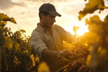 Fototapeta premium Vineyard Worker Harvesting Grapes at Sunset