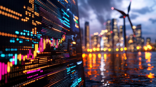vibrant digital stock market graph with colorful data points, set against futuristic city skyline and wind turbines in background, evokes sense of innovation and progress - Powered by Adobe