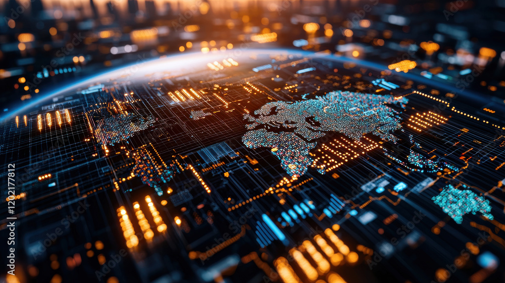 Leinwandbilder futuristic representation of global finance with digital map, glowing data points, and interconnecte