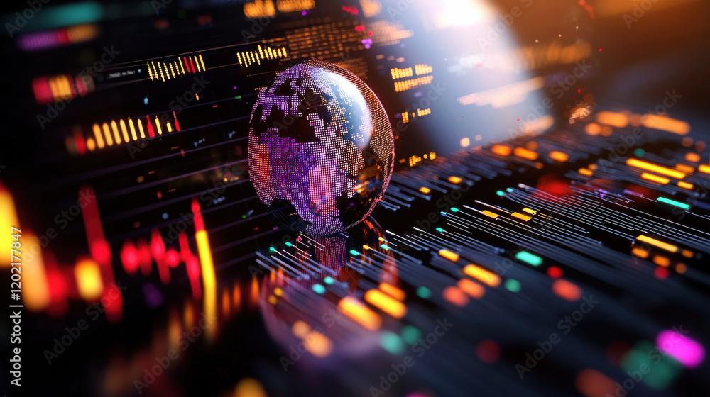 Poster futuristic representation of global finance with digital globe, vibrant data streams, and holographi