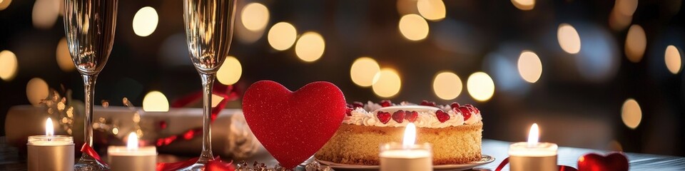cake champagne glasses and candles. Selective focus