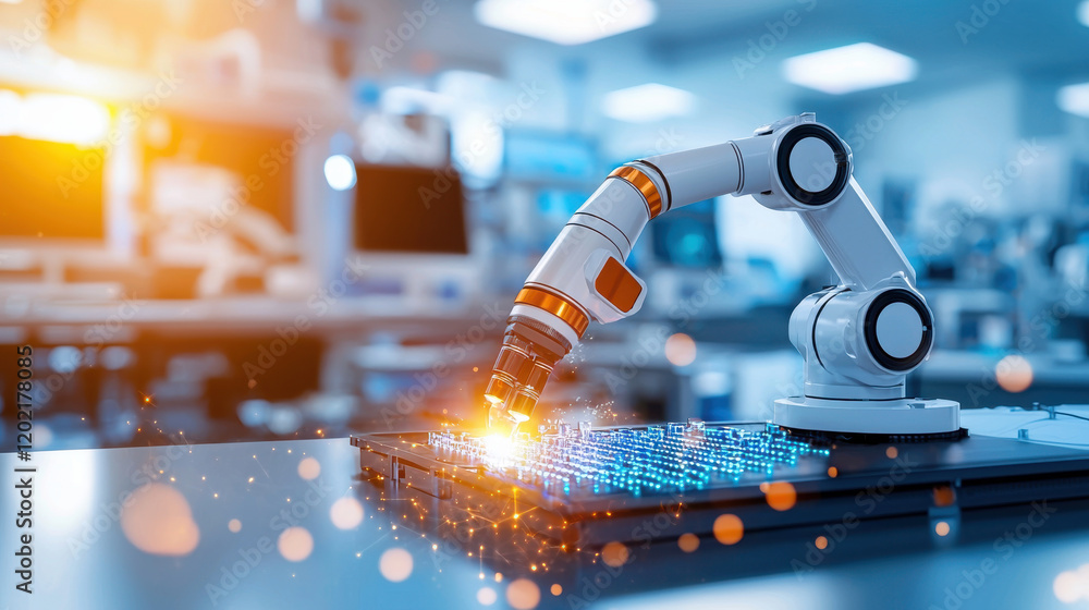Fototapete robotic arm performing precision tasks in high tech laboratory, showcasing advanced automation and biotechnology. scene is illuminated with futuristic glow, emphasizing innovation and technology