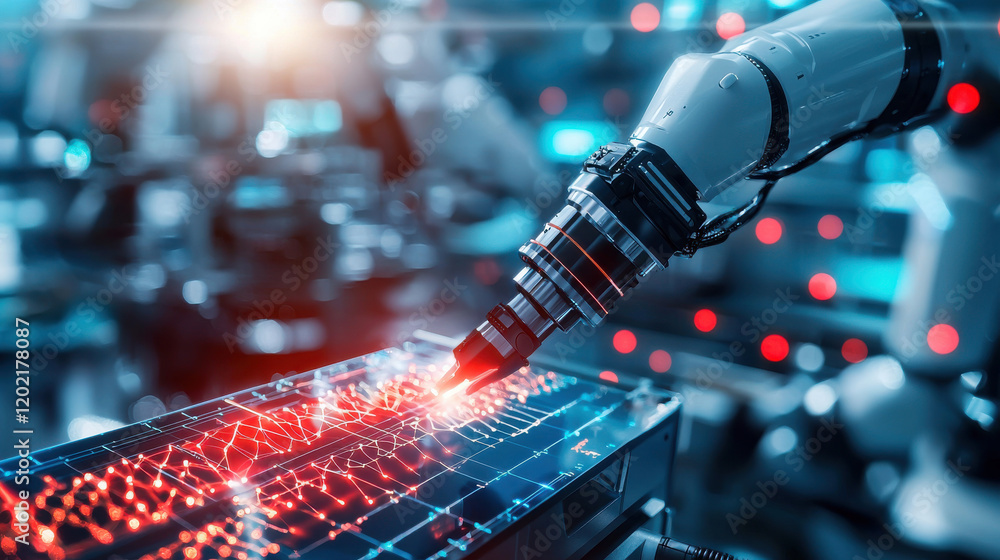 Poster futuristic scene of fully automated biotech lab featuring robotic arm interacting with digital interface, showcasing advanced technology and innovation
