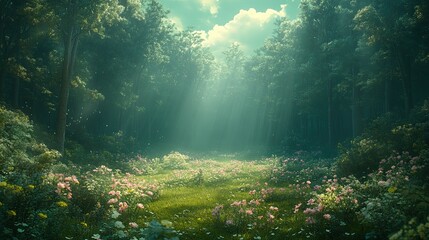 Fototapeta premium Sunlit Forest Path, Flowers, Magical, Spring, Fantasy, Nature, Background, Wallpaper