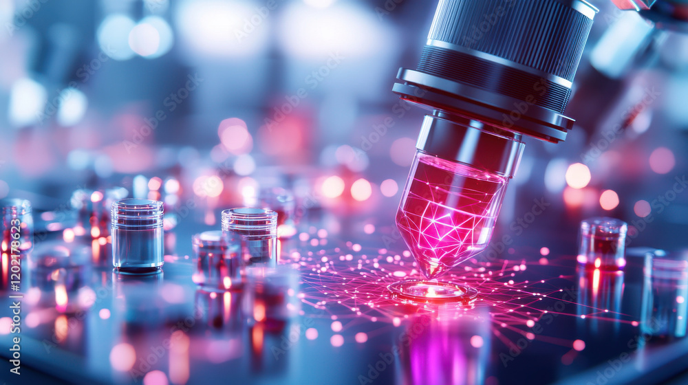 Aufkleber Futuristic scene of vaccine nanoparticles being analyzed under microscope, showcasing vibrant colors and intricate details. atmosphere conveys innovation and advanced technology