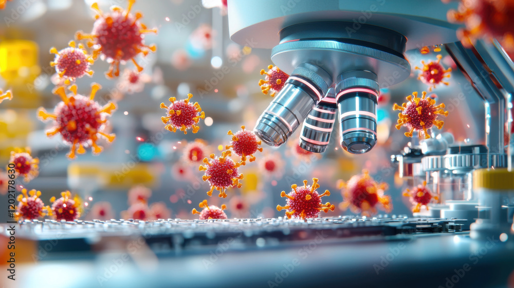 Poster futuristic scene of vaccine nanoparticles being analyzed under microscope, showcasing vibrant virus 
