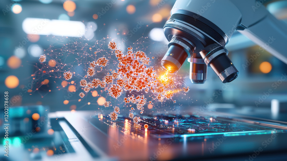 Poster futuristic scene of microscope analyzing vaccine nanoparticles, showcasing vibrant colors and intric