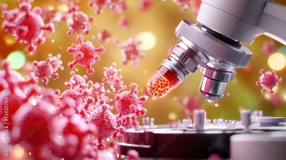 Poster microscope analyzing vaccine nanoparticles in vibrant, colorful scene. image captures intricate deta